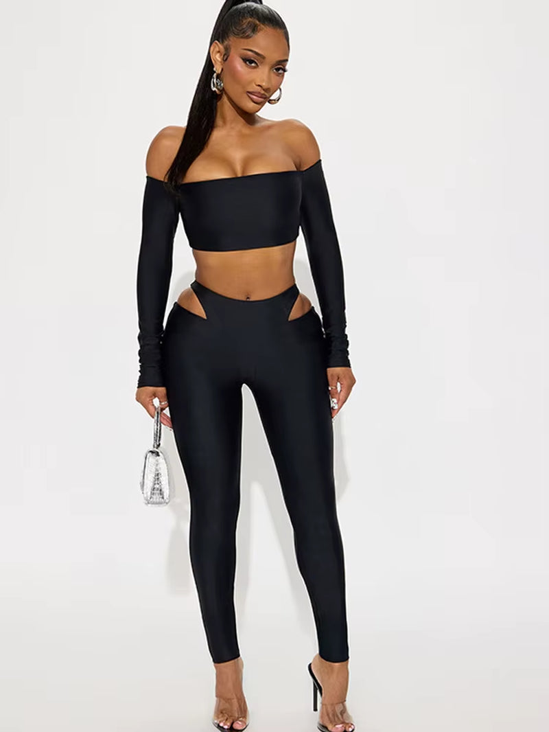Womens off Shoulder Crop Top and Cut-Out Legging Suits Set 2 Piece Outfits Night Out Set Sporty Overalls Sexy Clubwear