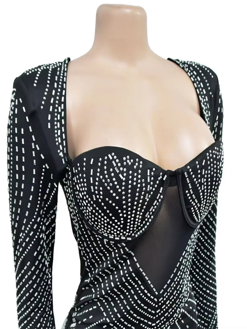 Beautiful Black Rhinestone Padded Mini Dress Your Distraction Diamonds Party Dress Birthday Outfits Night Out Wear Robe