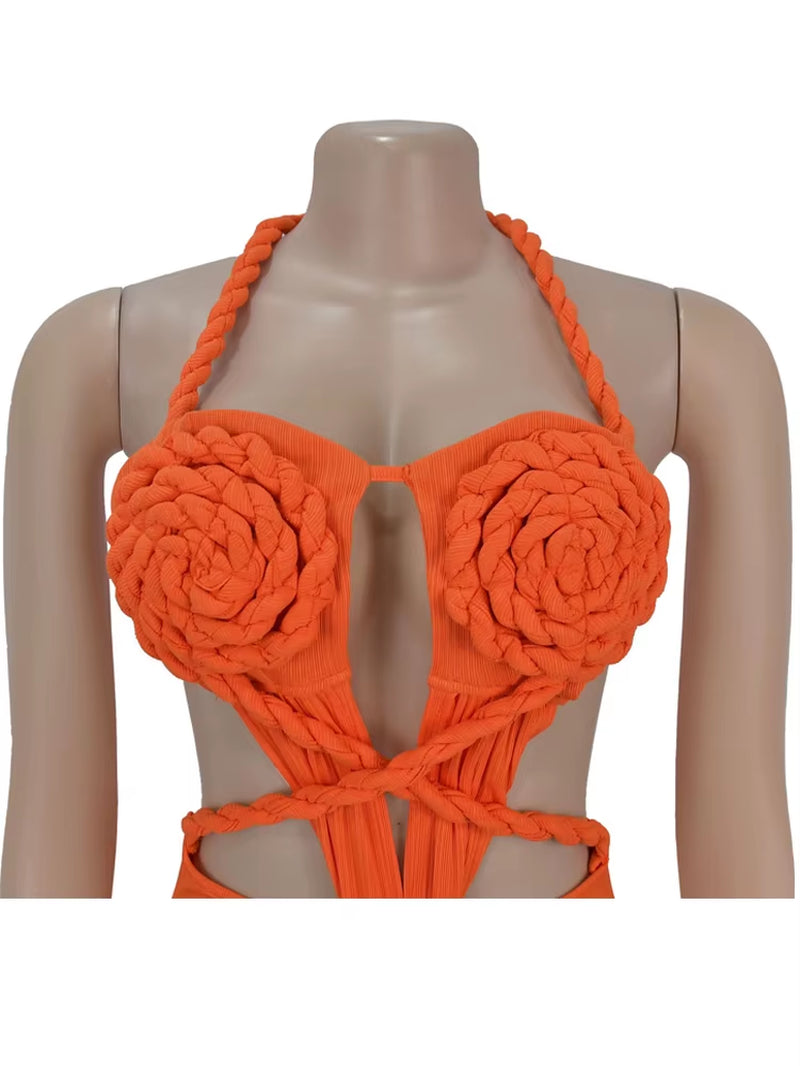 Women'S Cut-Out Ruched Maxi Dress Orange Sexy Halter Neck Backless High Slit Bandage Party Dresses Birthday Outfits