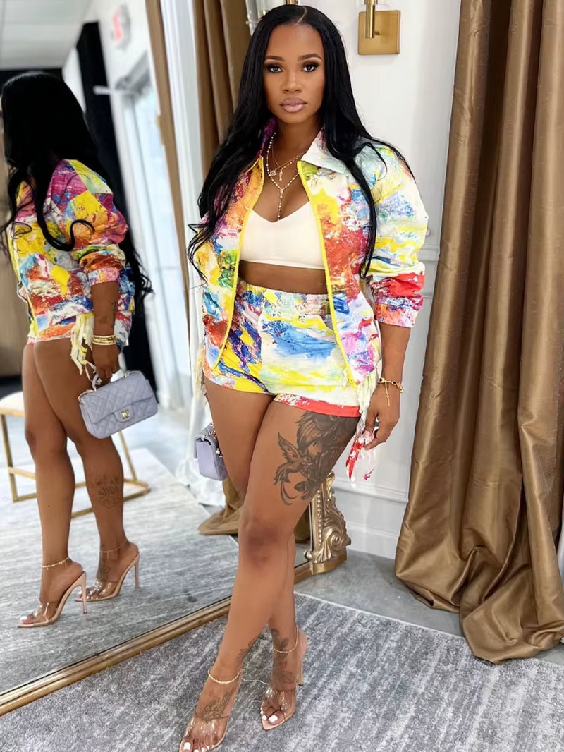 Tropical Colorful Print Zippers Front Jacket Top and Shorts Set 2 Piece Outfits Womens Tracksuits Set Night Clubwear
