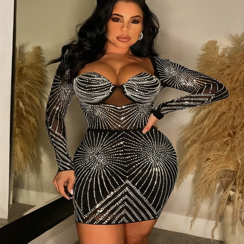 Luxury Geometric Black Rhinestone Short Party Dresses Robe Femme Women Elegant Sequin Bodycon Night Dress Sexy Clubwear