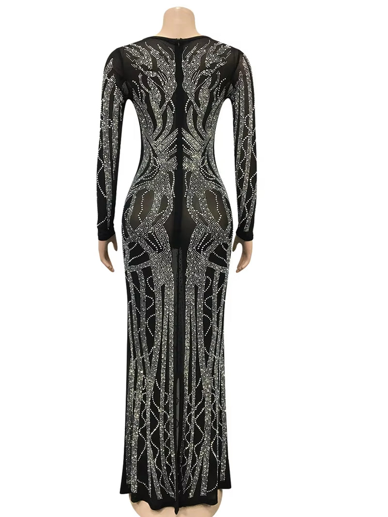 Gorgeous Crystal Gown for Womens Beautiful Deep V Neck Rhinestone Maxi Dress Sexy Clubwear Special Occasion Outfits