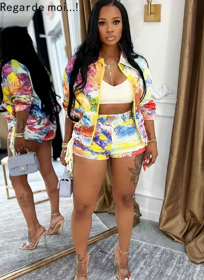 Tropical Colorful Print Zippers Front Jacket Top and Shorts Set 2 Piece Outfits Womens Tracksuits Set Night Clubwear