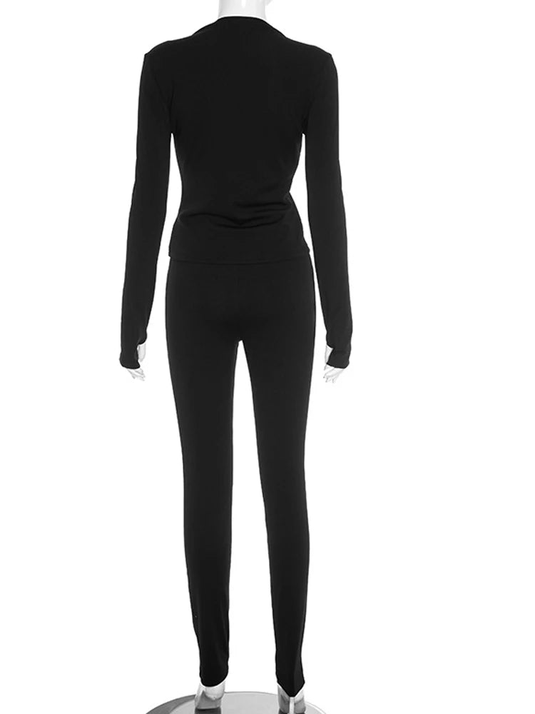 Womens Cut-Out Buckle Long Sleeve Crop Top and Legging Suits Set 2 Piece Outfits Female Night Clubwear Overalls Fitness