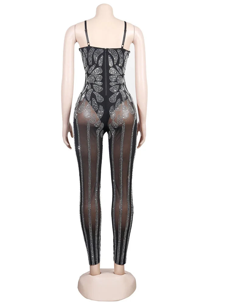 Sparkle Sheer Mesh Crystal Rompers Womens Glam See-Through Rhinestone Long Pants Jumpsuits Nightclub Outfits Clubwear