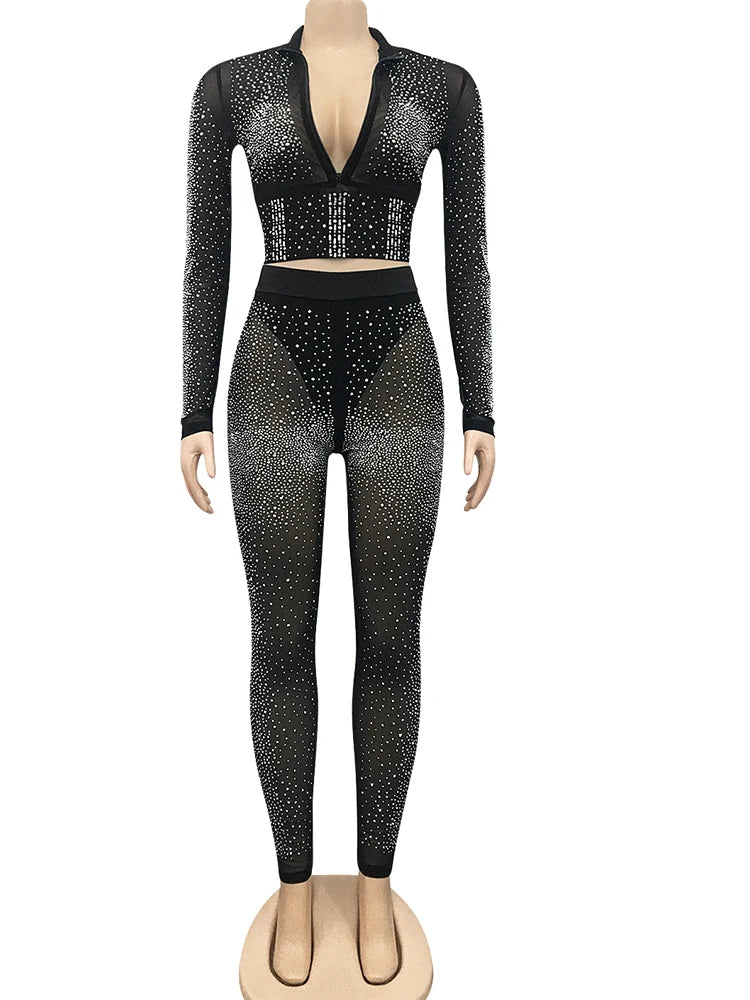 Sparkle Crystal Pants Set Outfits New Autumn See through Rhinestone Studded Crop Top and Legging Set Party Club Wears