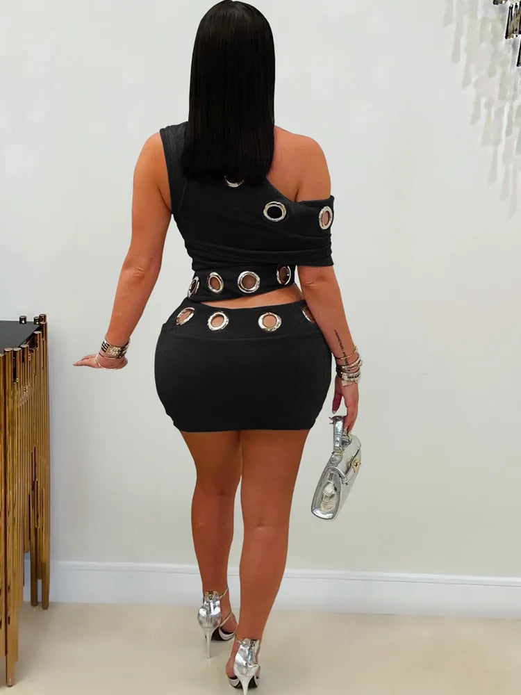 Luxury Birthday Dress Woman Eyelet Two-Piece Dress Glam Cut-Out Asymmetrical Metal Crop Top and Skirt Set Sexy Clubwear