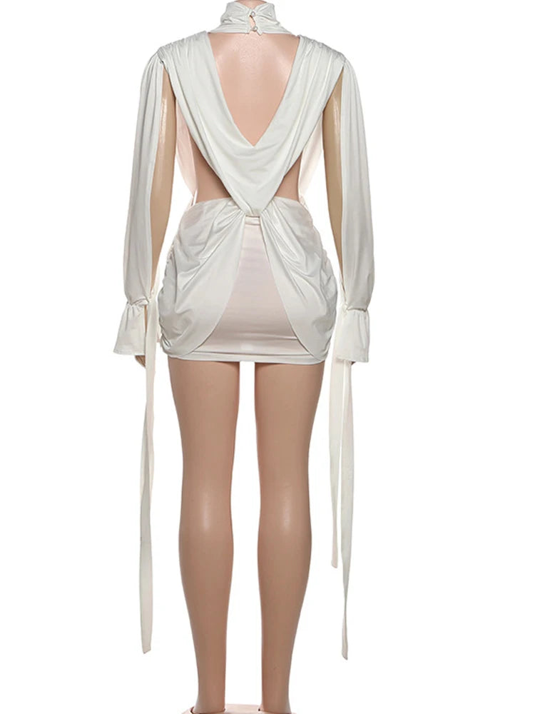 Elegant Choker Neck Cut-Out Twist Front Short Dress Holiday Outfits Women Hollow Out Ruched Party Dress Female Vestidos