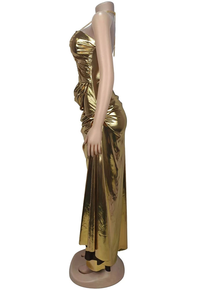 Beautiful Halter V Neck Ruched Leather Maxi Dress Luxury Birthday Dress Women Faux Leather Evening Dress Sexy Clubwear