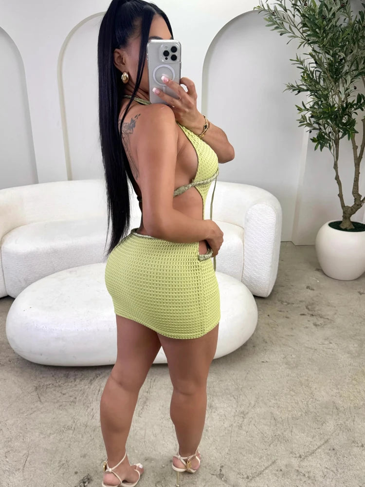 Women'S Green Cut-Out Braided Mini Dress Holiday Outfits Glam Backless Lace-Up Fishnet Beach Dress Clubwear Vestidos
