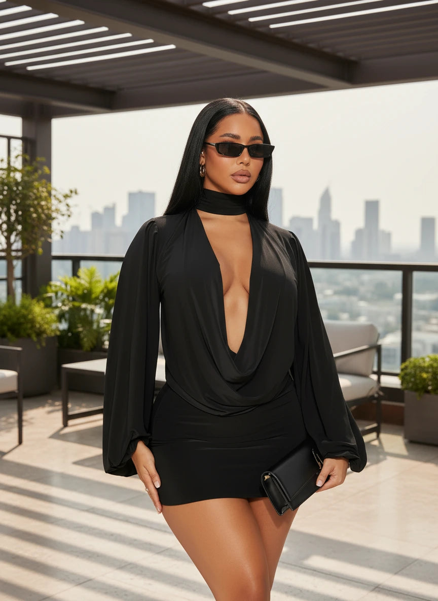 Elegant Choker Neck Cut-Out Draped Dress Set Holiday Outfits Women Hollow Out Ruched Two-Piece Dress Night Out Vestidos