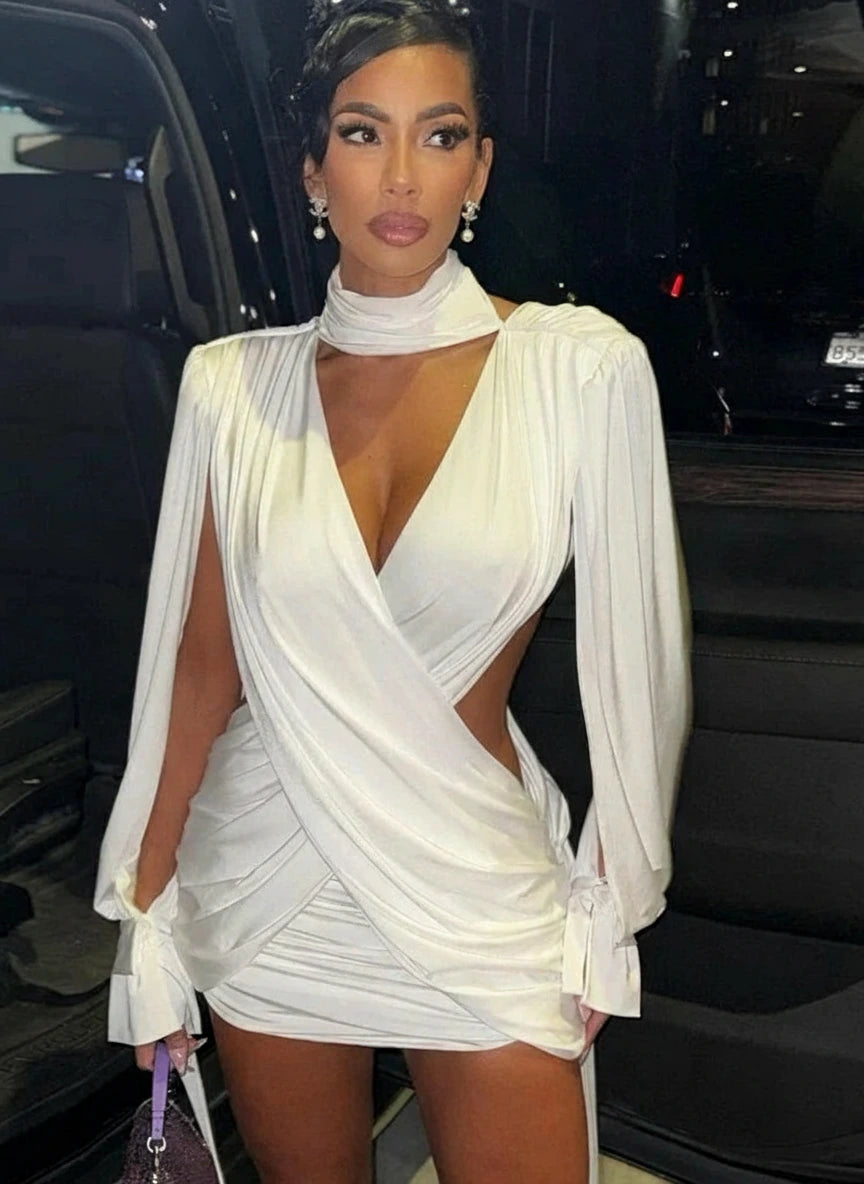 Elegant Choker Neck Cut-Out Twist Front Short Dress Holiday Outfits Women Hollow Out Ruched Party Dress Female Vestidos