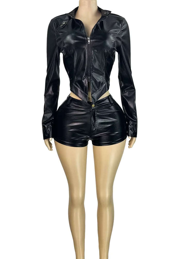 Runway Going Out Motor PU Leather Fitted Zip up Jacket+Matching Shorts Set Black Faxu Leather Two Piece Set Clubwear