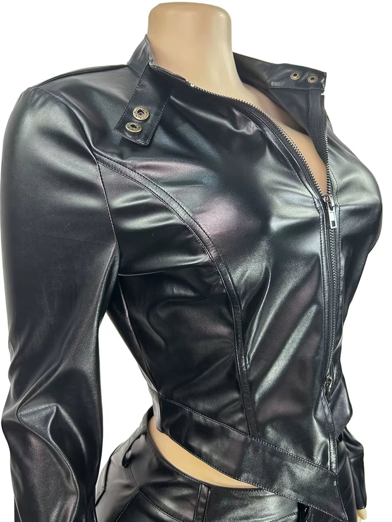 Runway Going Out Motor PU Leather Fitted Zip up Jacket+Matching Shorts Set Black Faxu Leather Two Piece Set Clubwear