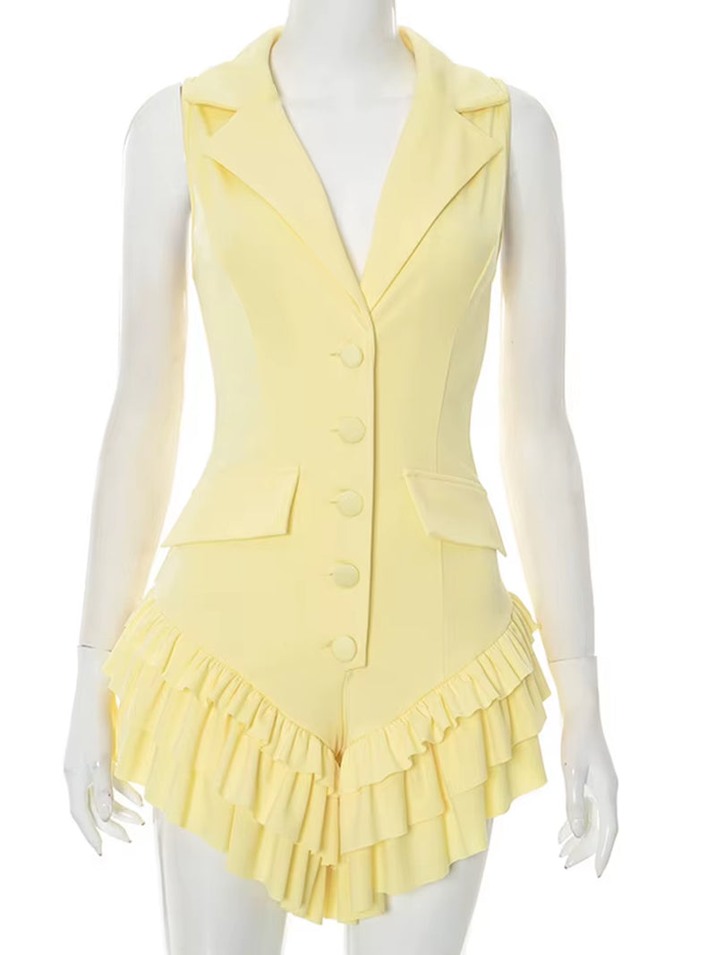 Elegant Button Details Slim Ruffles Romper One Piece Outfits Glam Womens Blazer Short Jumpsuits Yellow Holiday Outfits