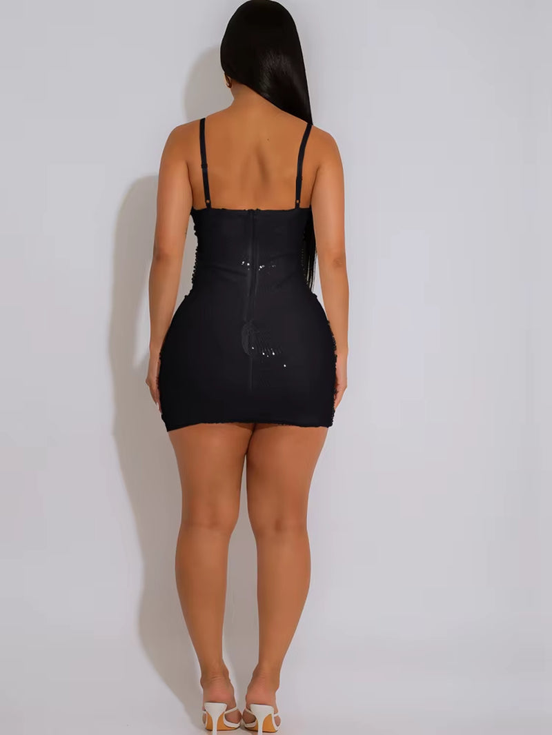 Luxury Birthday Dress Woman Glam White Strappy Pearls Accent Mini Dress Sexy Cut-Out Sequins Chirstmas Dress Outfits