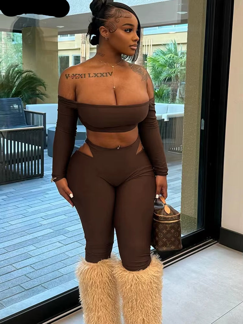 Womens off Shoulder Crop Top and Cut-Out Legging Suits Set 2 Piece Outfits Night Out Set Sporty Overalls Sexy Clubwear