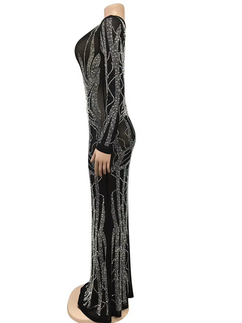 Gorgeous Crystal Gown for Womens Beautiful Deep V Neck Rhinestone Maxi Dress Sexy Clubwear Special Occasion Outfits