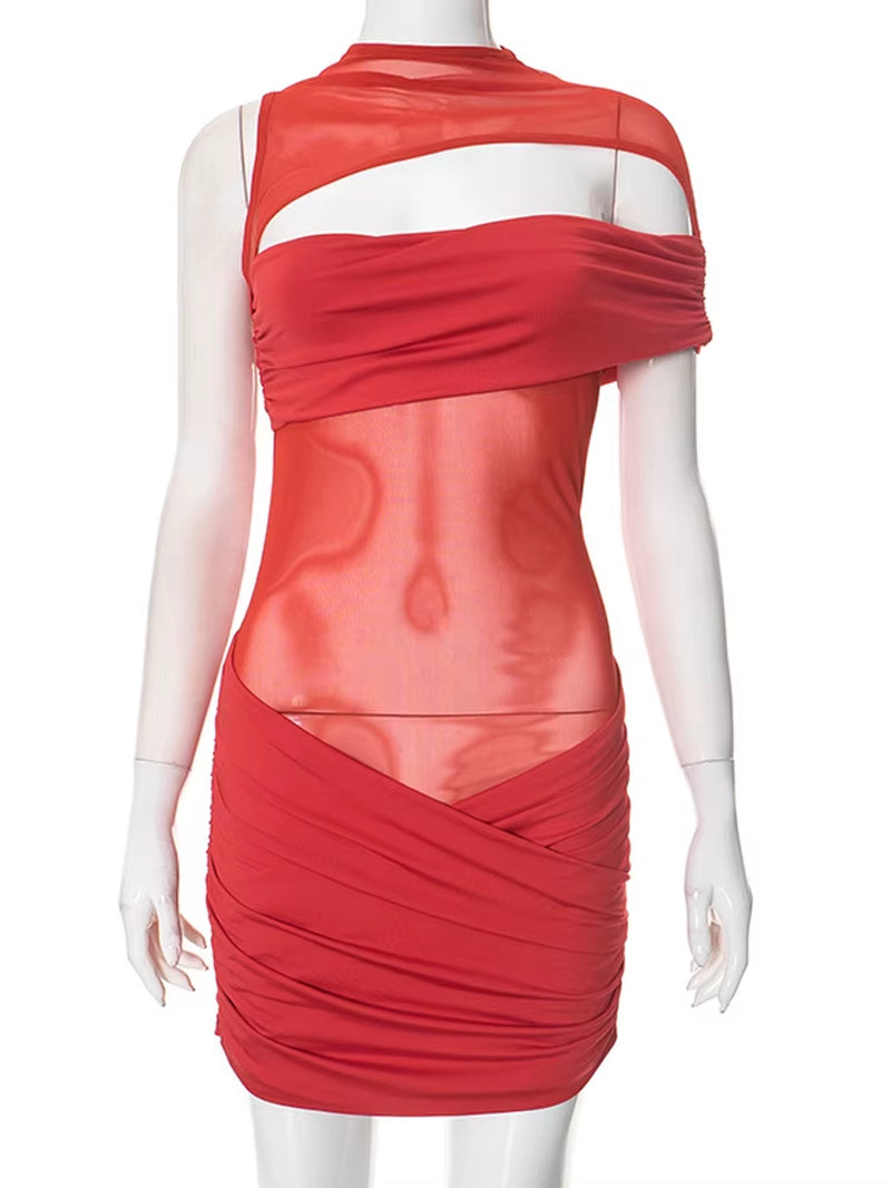 Women'S Sheer Mesh Patchwork Cut-Out Slim Short Dress Glam See-Though Ruched Party Dresses Night Out Vestidos Clubwear