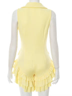 Elegant Button Details Slim Ruffles Romper One Piece Outfits Glam Womens Blazer Short Jumpsuits Yellow Holiday Outfits