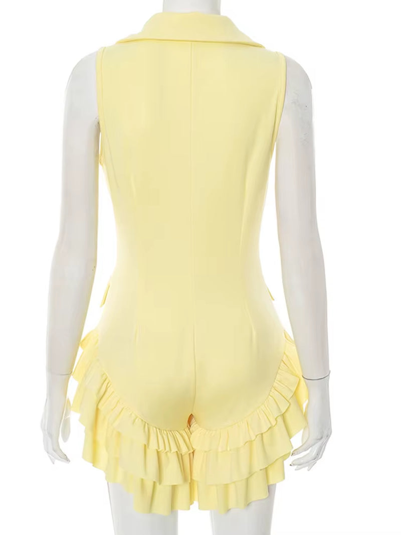 Elegant Button Details Slim Ruffles Romper One Piece Outfits Glam Womens Blazer Short Jumpsuits Yellow Holiday Outfits