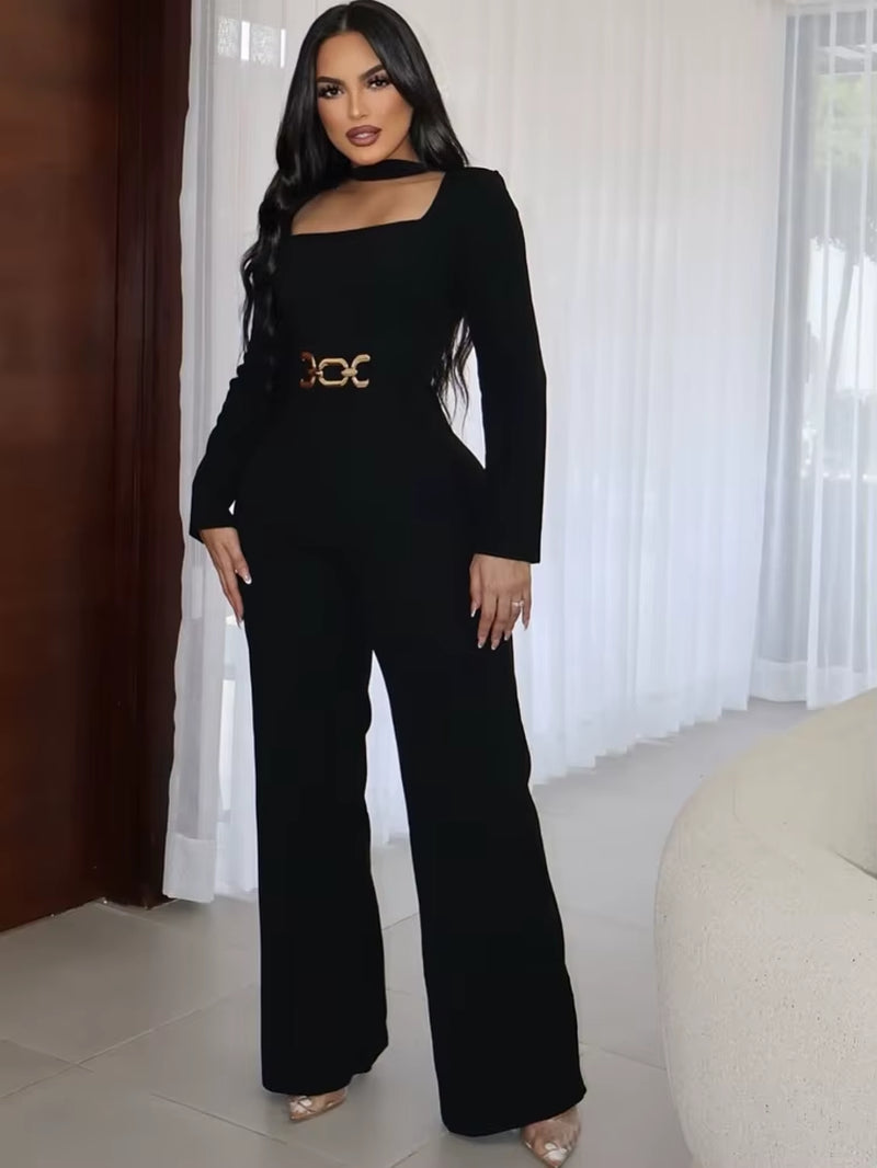 Glamours Choker Neck Metal Belted Wide Legs Jumpsuits Stretch Cut-Out Party Jumpsuits Sexy Rompers Celebrities Outfits