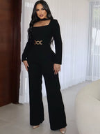 Glamours Choker Neck Metal Belted Wide Legs Jumpsuits Stretch Cut-Out Party Jumpsuits Sexy Rompers Celebrities Outfits