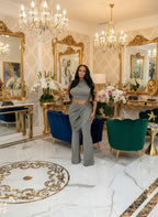 Trendy Ruched Matching Set for Women Solid Crop Top and Pleated Crush Cut-Out Metal Pants Set 2 Piece Outfits Clubwear