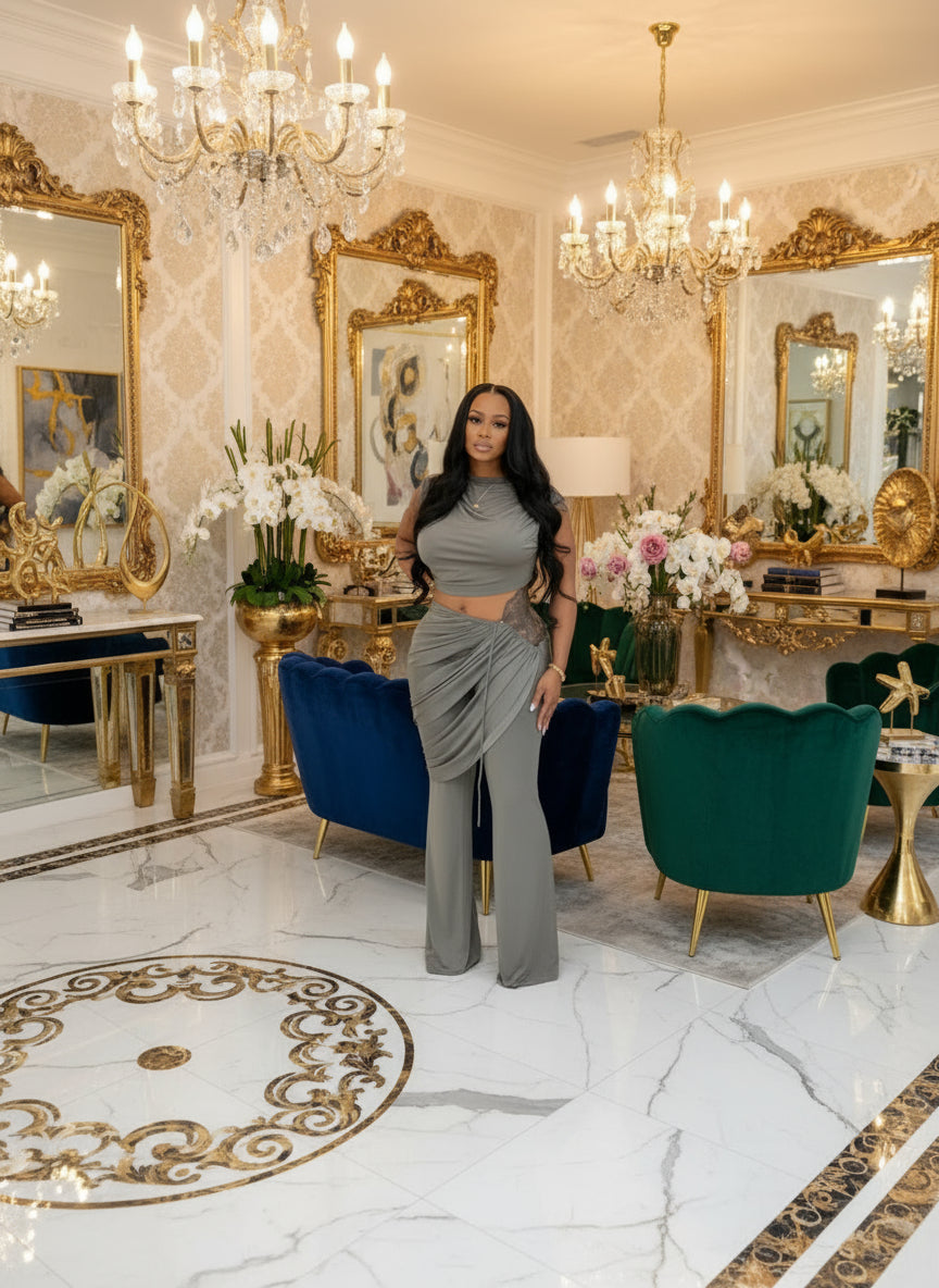 Trendy Ruched Matching Set for Women Solid Crop Top and Pleated Crush Cut-Out Metal Pants Set 2 Piece Outfits Clubwear