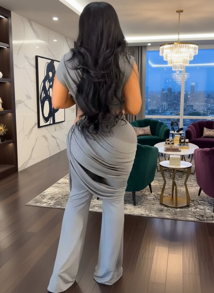 Trendy Ruched Matching Set for Women Solid Crop Top and Pleated Crush Cut-Out Metal Pants Set 2 Piece Outfits Clubwear