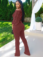 Trendy Ruched Matching Set for Women Pleated Crush Crop Top and Wide Legs Pants Set Evening Out Outfits Night Clubwear