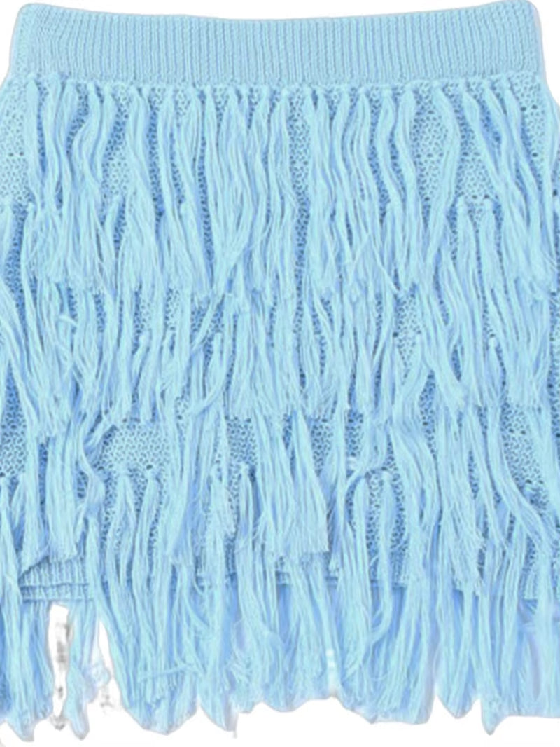 Womens Sheer Mesh Oversize Blouses Top+Crochet Fringed Mini Skirts Set Blue Holiday Outfits Female Beach Cover-Up Set