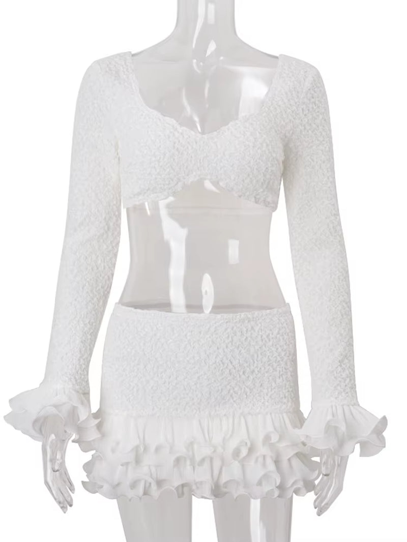 Elegant Long Sleeve Ruffle Solid Crop Top and Matching Set Holiday Outfits Chic Womens Pleated Lace Two-Piece Dress Set