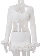 Elegant Long Sleeve Ruffle Solid Crop Top and Matching Set Holiday Outfits Chic Womens Pleated Lace Two-Piece Dress Set