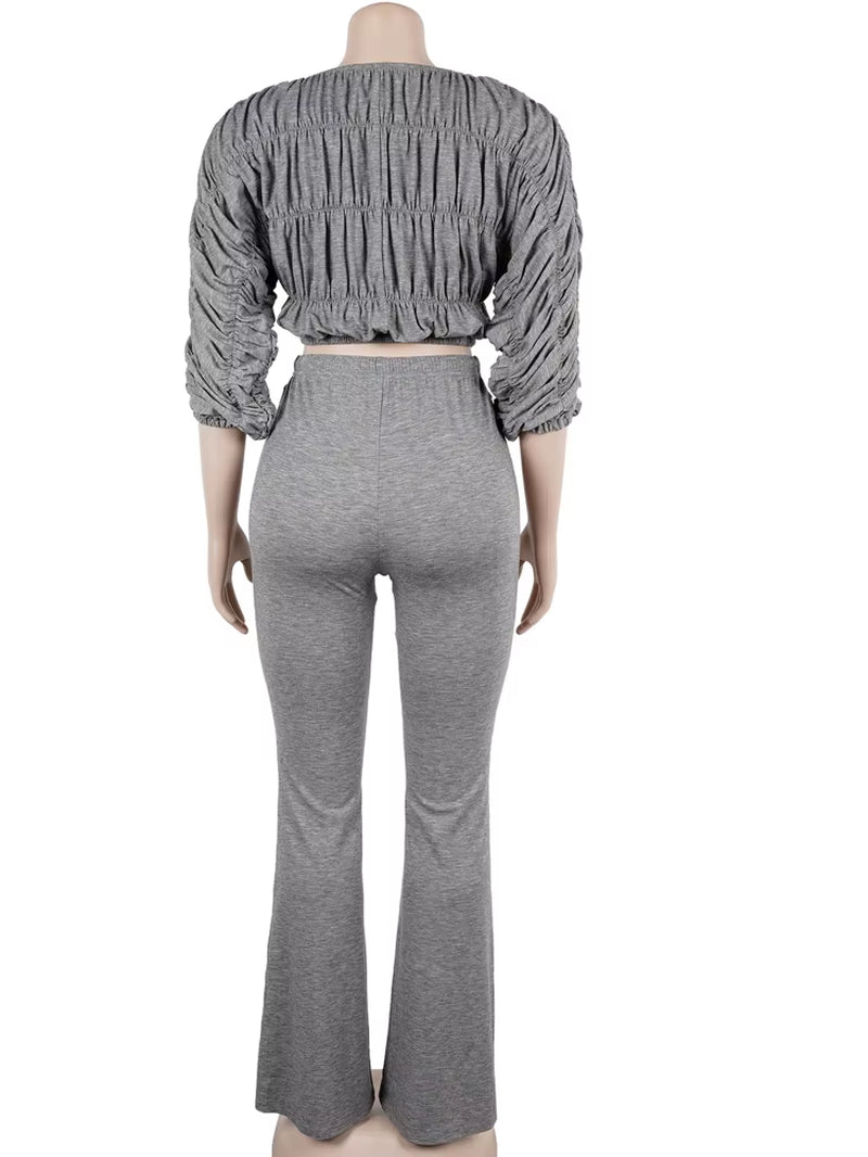 Trendy Ruched Matching Set for Women Pleated Crush Crop Top and Wide Legs Pants Set Evening Out Outfits Night Clubwear