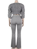 Trendy Ruched Matching Set for Women Pleated Crush Crop Top and Wide Legs Pants Set Evening Out Outfits Night Clubwear