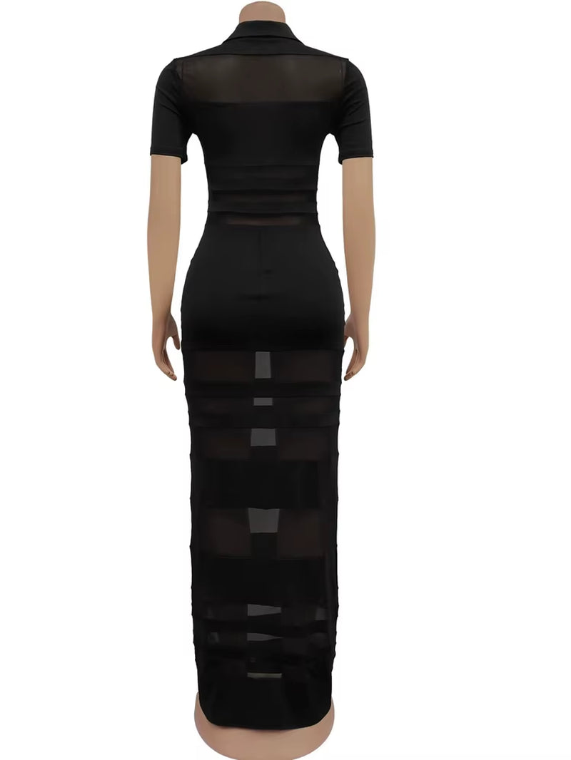 Women'S See-Through Striped Sheer Polo Maxi Dress Sexy Turn-Down Collars Caged Party Dresses Night Out Vestido Clubwear