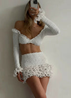 Elegant Long Sleeve Ruffle Solid Crop Top and Matching Set Holiday Outfits Chic Womens Pleated Lace Two-Piece Dress Set