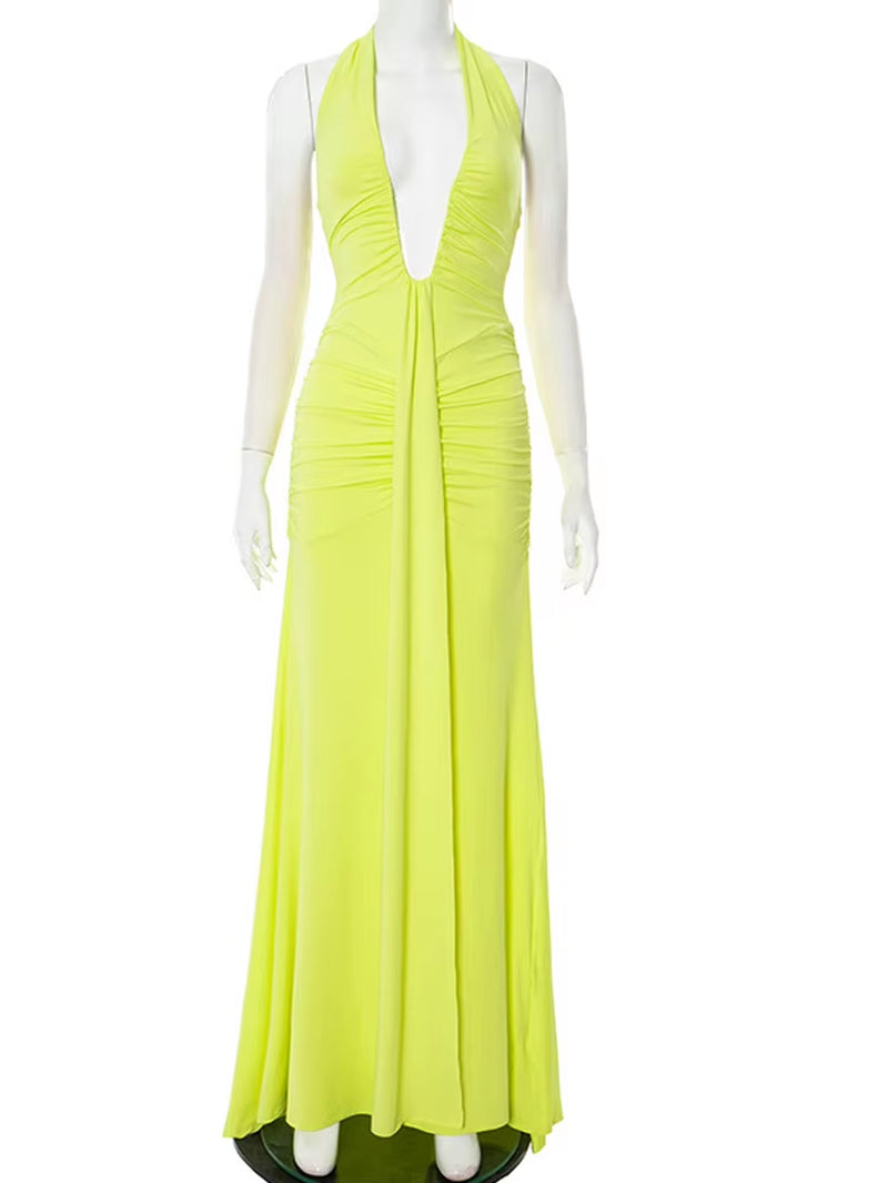 Gorgeous Womens Halter Plunging V Neck Ruched Long Straps Maxi Dress Holiday Outfits Sexy Backless Pleated Party Dress