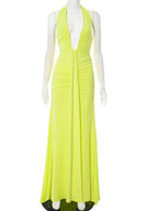 Gorgeous Womens Halter Plunging V Neck Ruched Long Straps Maxi Dress Holiday Outfits Sexy Backless Pleated Party Dress