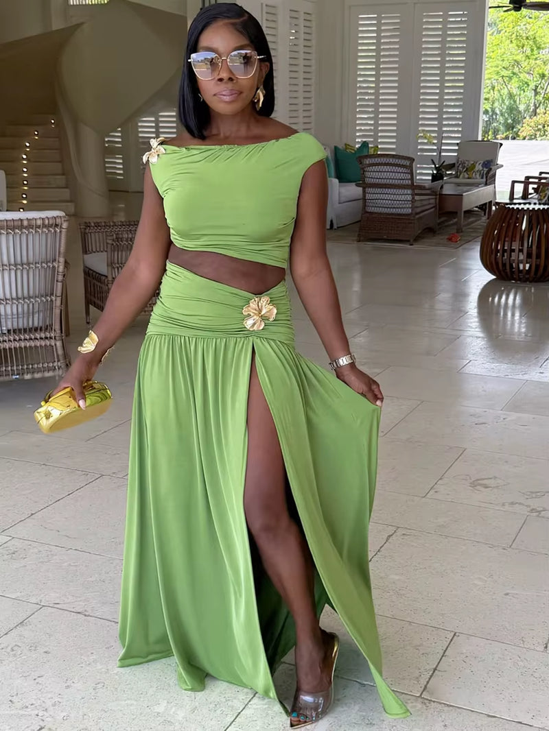 Luxury Green Gold Broach Top & Maxi Skirt Set Two-Piece Dress Holiday Outfits Women High Slit Ruched Metal Bubble Dress