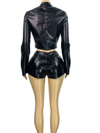 Runway Going Out Motor PU Leather Fitted Zip up Jacket+Matching Shorts Set Black Faxu Leather Two Piece Set Clubwear