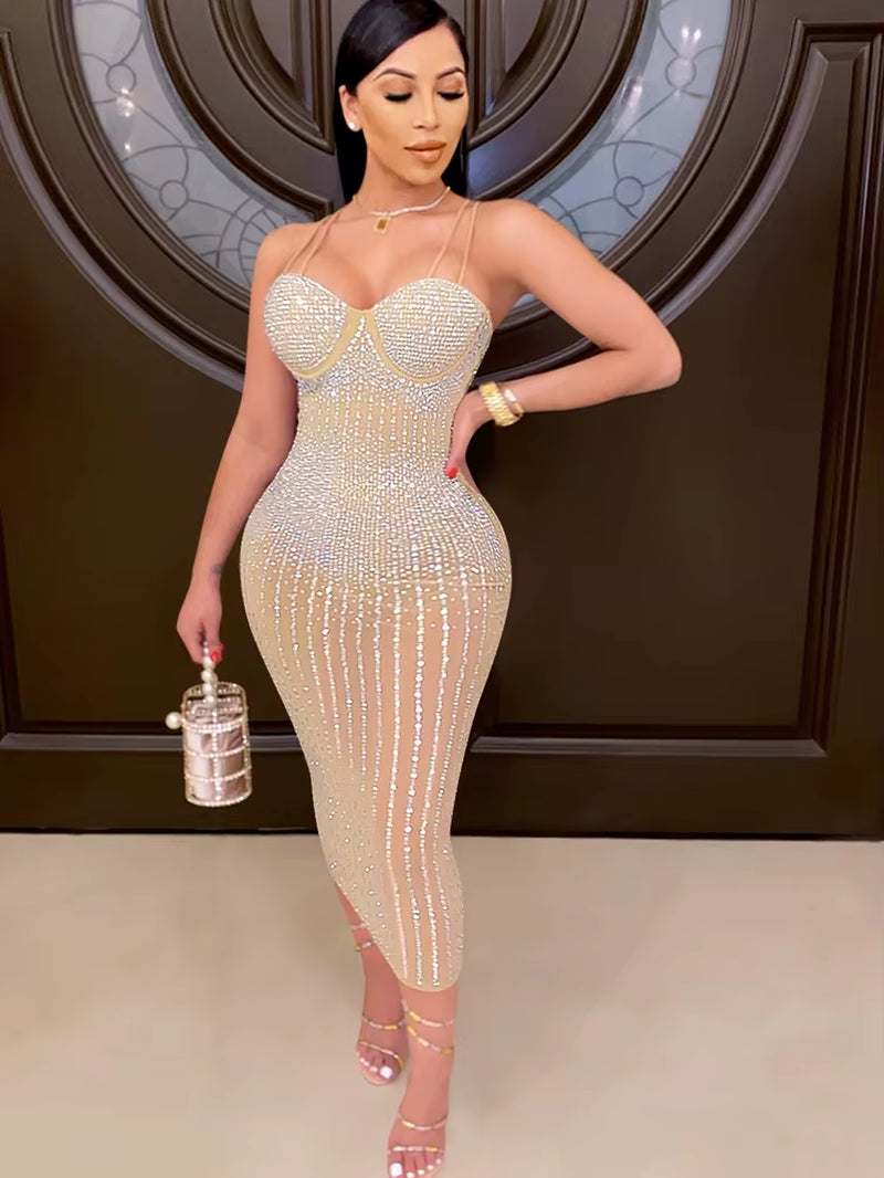 Beautiful Crystal Studded Midi Dress for Women Sparkle Spagetti Straps Bodycon Sequin Party Dress Birthday Outfits