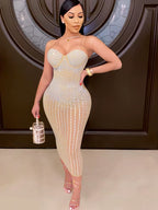 Beautiful Crystal Studded Midi Dress for Women Sparkle Spagetti Straps Bodycon Sequin Party Dress Birthday Outfits