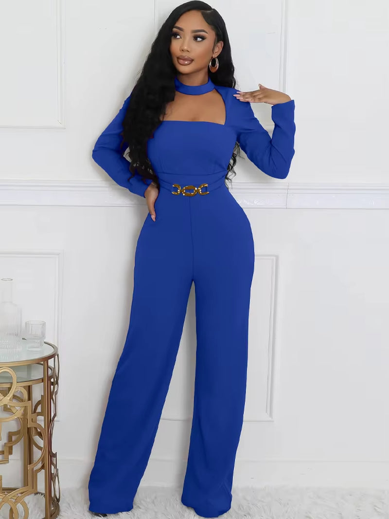 Glamours Choker Neck Metal Belted Wide Legs Jumpsuits Stretch Cut-Out Party Jumpsuits Sexy Rompers Celebrities Outfits