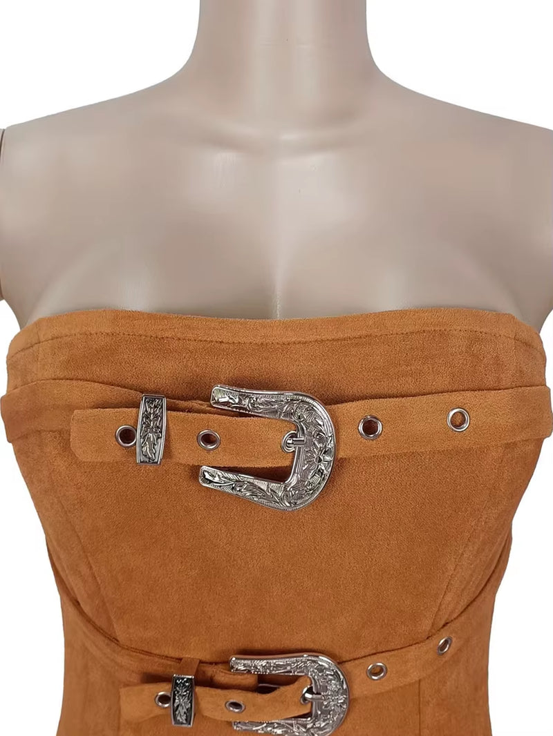 Luxury Birthday Dress Woman Glam off Shoulder Buckle Fringed Suede Midi Dress Chirstmas Outfits Night Clubwear Vestidos