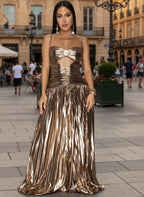 Luxury Birthday Outfits Sparkle Rose Gold Foil Pleated Maxi Dress Shiny Strappy Metallic Leather Ruched Party Dresses