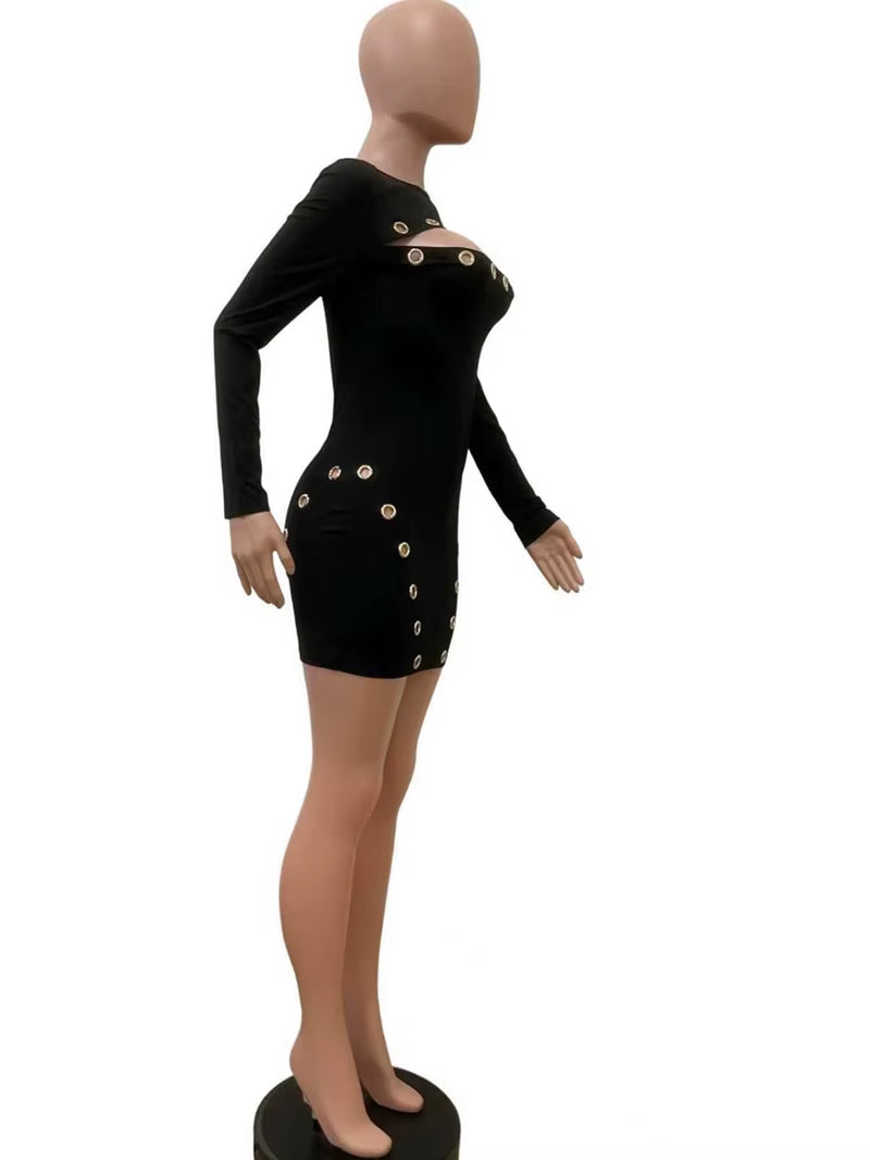 Perfect Black Sexy Cut-Out Eyelet Bodycon Mini Dress Womens Birthday Dresses Glam Long Sleeve Buckle Night Out Vestidos