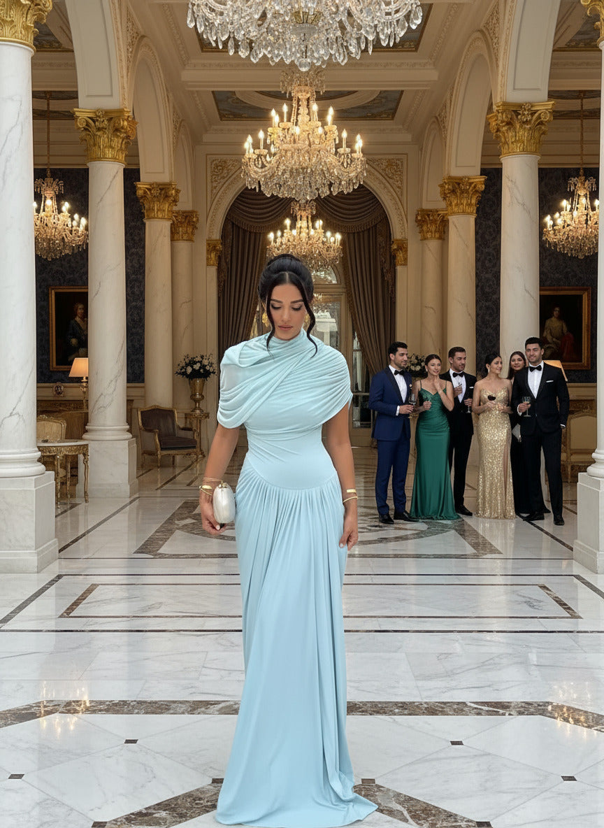 Perfect Draped Ruched Wrap Maxi Dress for Women Gorgeous Mesh Pleated Slim Long Dresses Birthday Outfits Evening Gowns