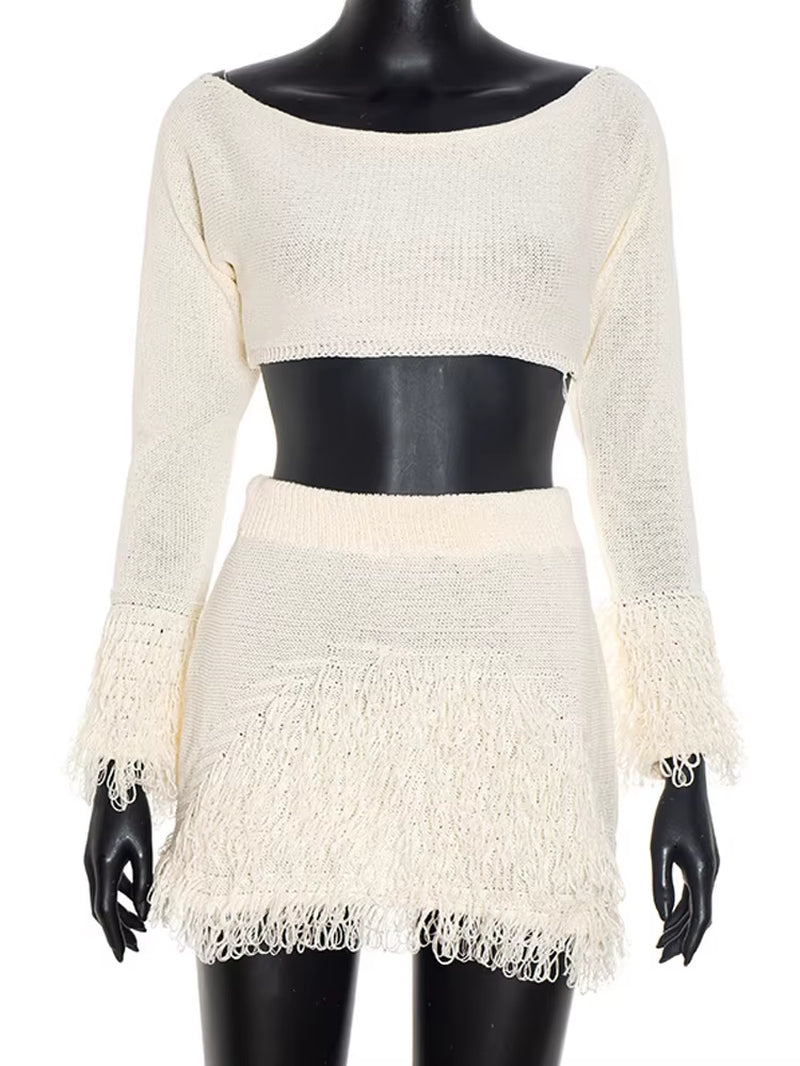 Beautiful Knitted Tassel Fringed Crop Top and Skirt Set Holiday Outfits Womens Furry Sweater Tracksuits Set Beach Wear